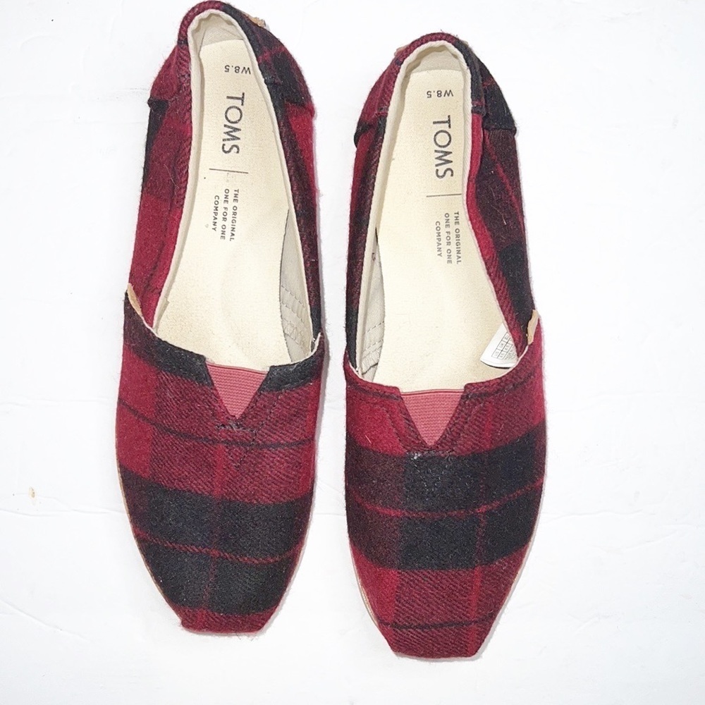 Toms Alpargata Classic Buffalo Check Plaid Red And Black Felt Slip On Flats - Picture 3 of 10